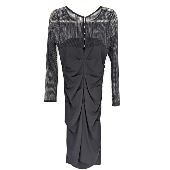 Nicole Miller Artelier Black Mesh Detail Ruched Gathered Midi Dress Size 6 Sexy - Picture 5 of 11